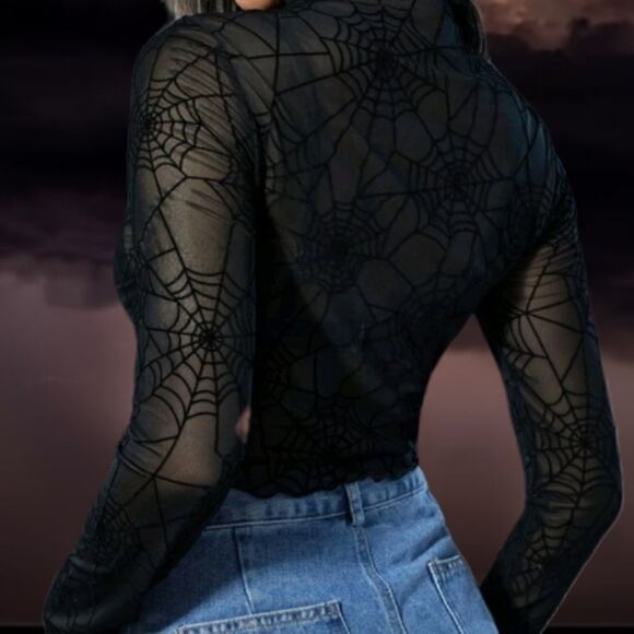 Black Sheer Top with Spider Webs Stretchy Long Sleeve Lettuce Trim Top - Picture 3 of 7
